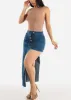 Asymmetrical Hem Denim Skirt Dark Blue sold by Moda