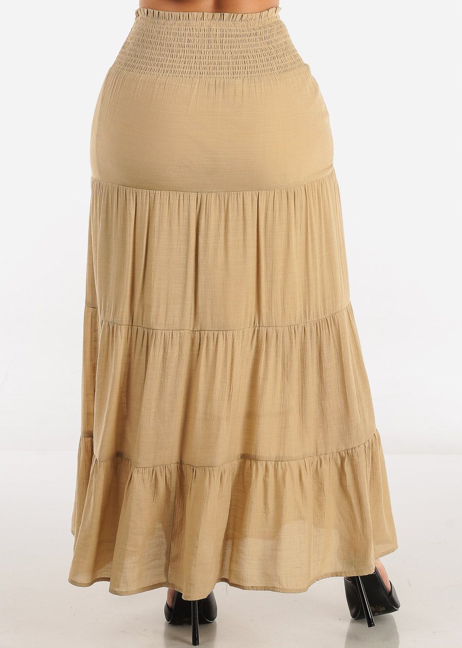 Khaki Smocked Waist Tiered Maxi Skirt sold by Moda product image thumbnail 4