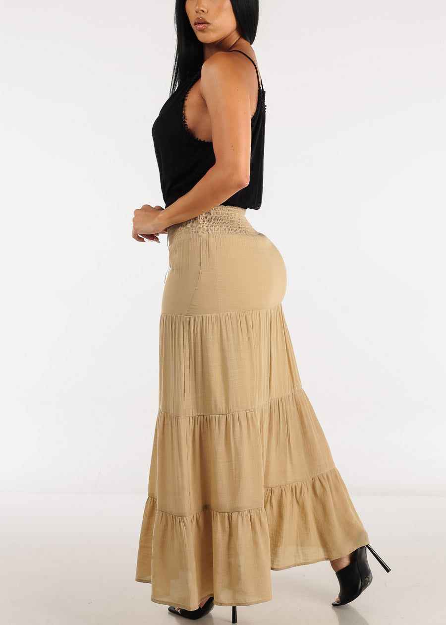 Khaki Smocked Waist Tiered Maxi Skirt sold by Moda product image thumbnail 5