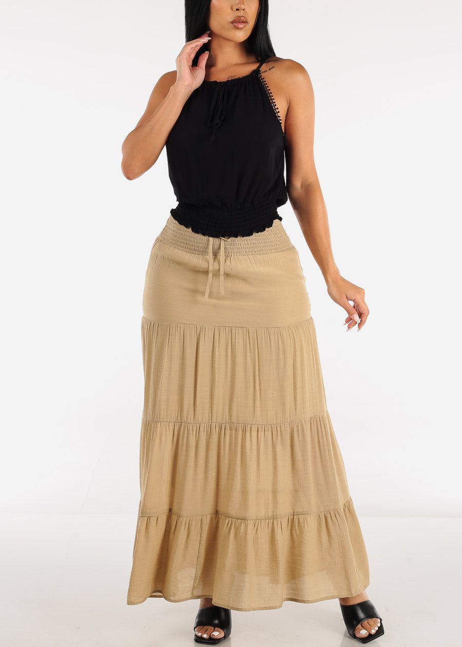 Khaki Smocked Waist Tiered Maxi Skirt sold by Moda product image thumbnail 2