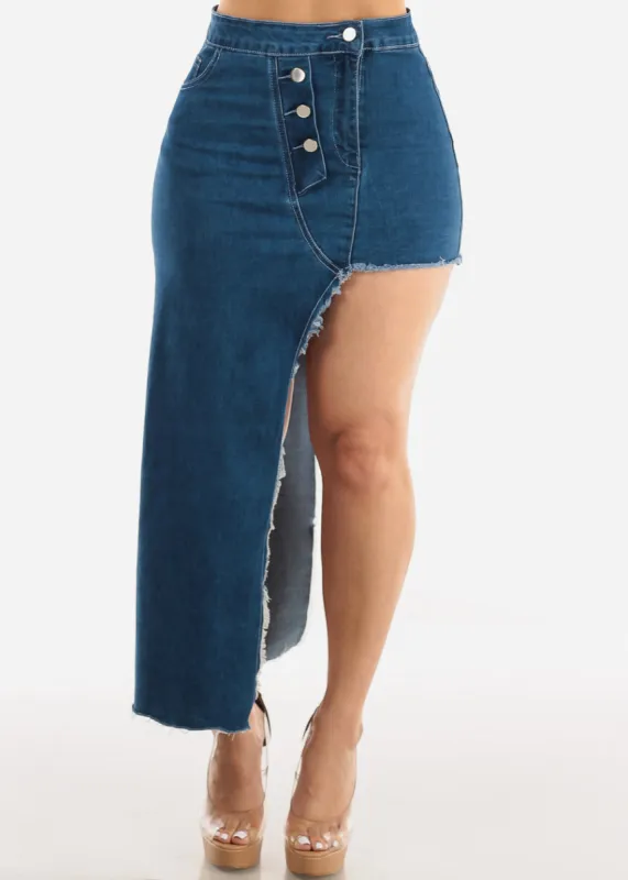 Asymmetrical Hem Denim Skirt Dark Blue sold by Moda
