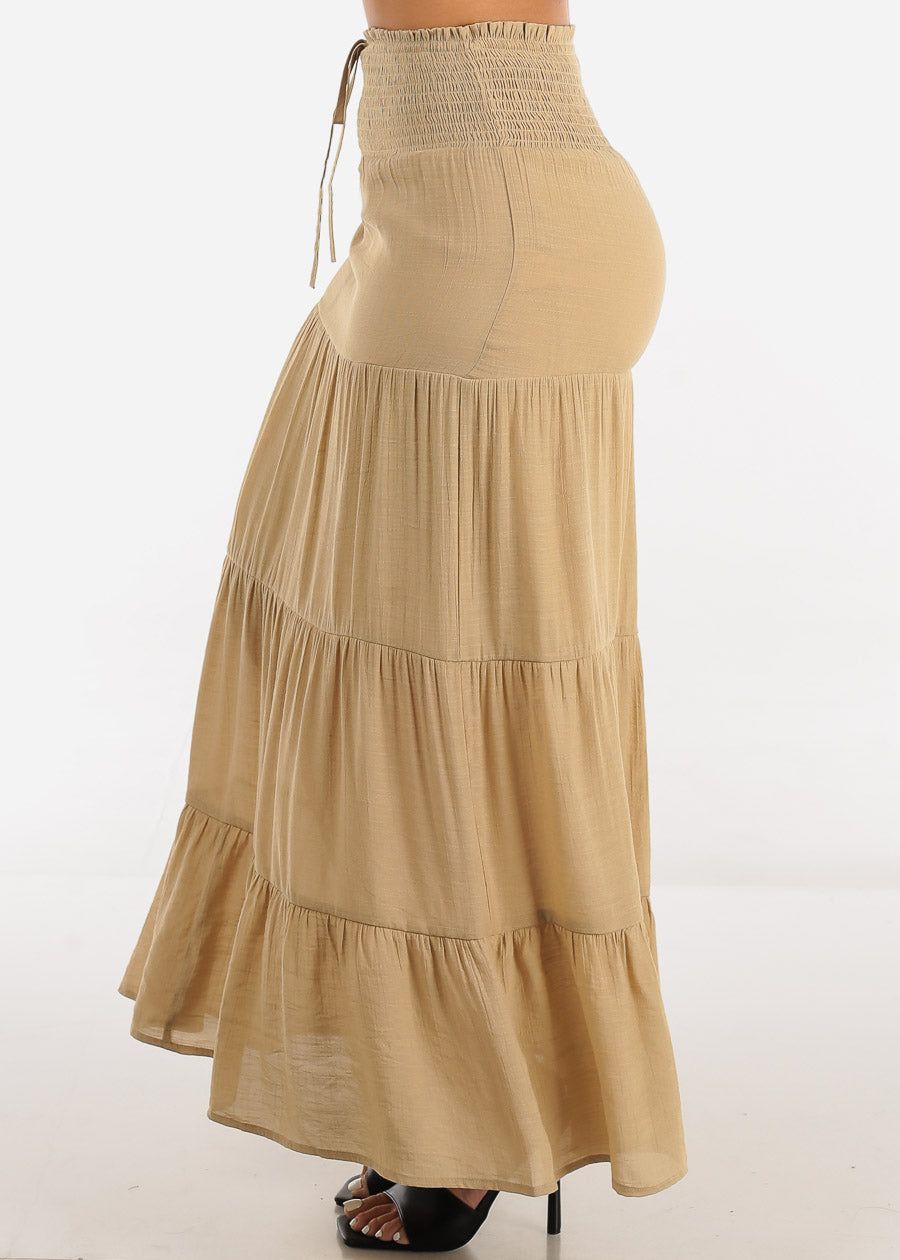 Khaki Smocked Waist Tiered Maxi Skirt sold by Moda product image thumbnail 3
