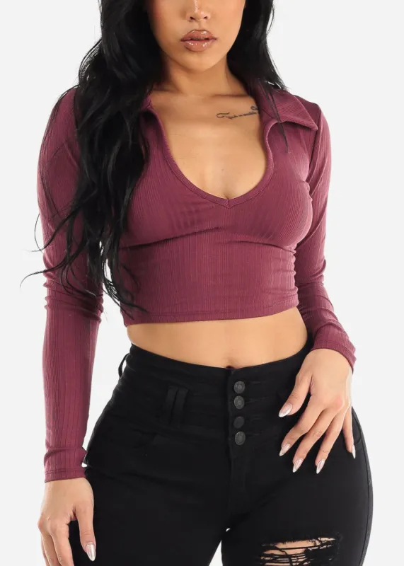 Long Sleeve Collared Vneck Crop Top Dark Mauve sold by Moda