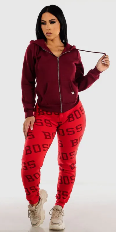 Red High Waist Fleece Printed Jogger Sweatpants with Wine Long Sleeve Fleece Zip Up Hoodie sold by Moda