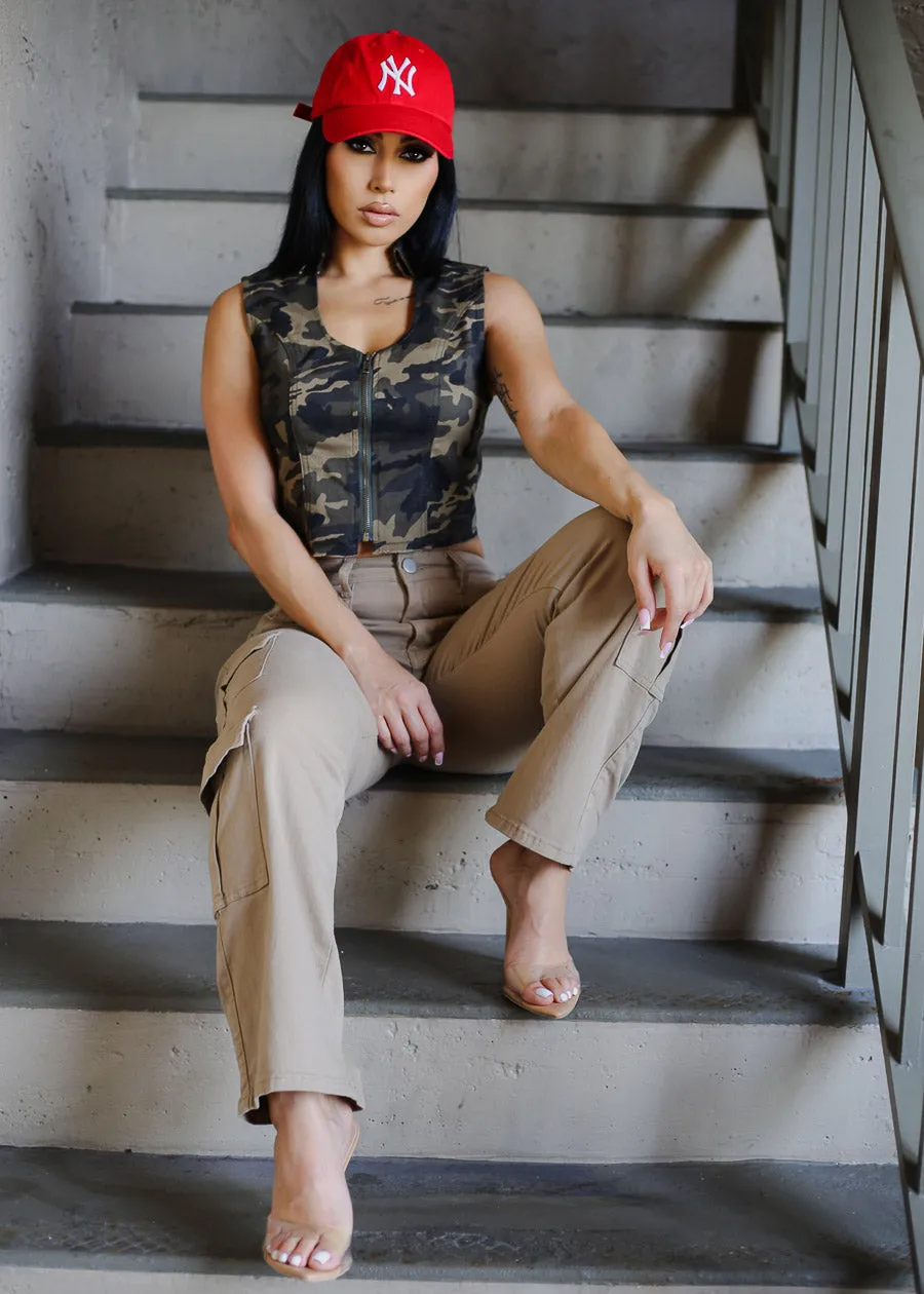 Butt Lift Mid Rise Straight Wide Leg Cargo Pants Khaki sold by Moda product image thumbnail 4
