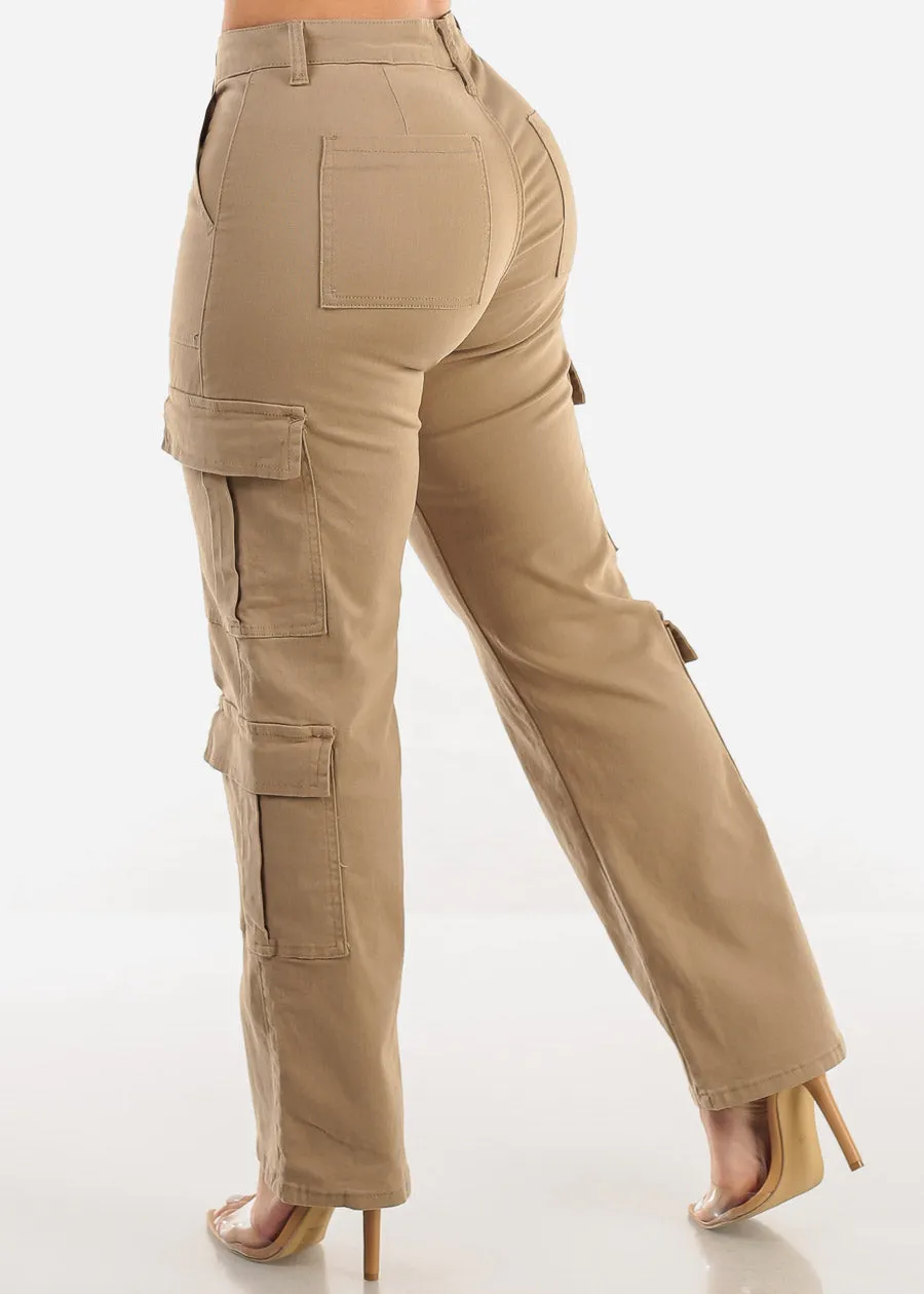 Butt Lift Mid Rise Straight Wide Leg Cargo Pants Khaki sold by Moda
