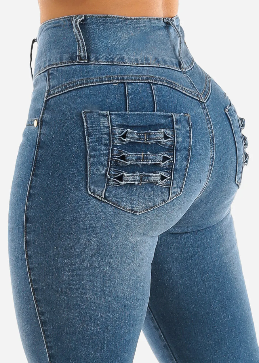 Super High Waist Levantacola Skinny Jeans Med Blue sold by Moda