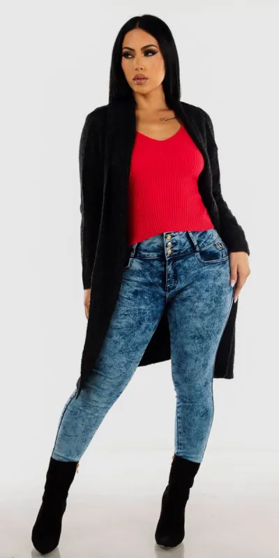 Levantacola Acid Wash Skinny Jeans Red Long Sleeve V-Neck Sweater Top and Long Sleeve Black Knitted Maxi Cardigan sold by Moda