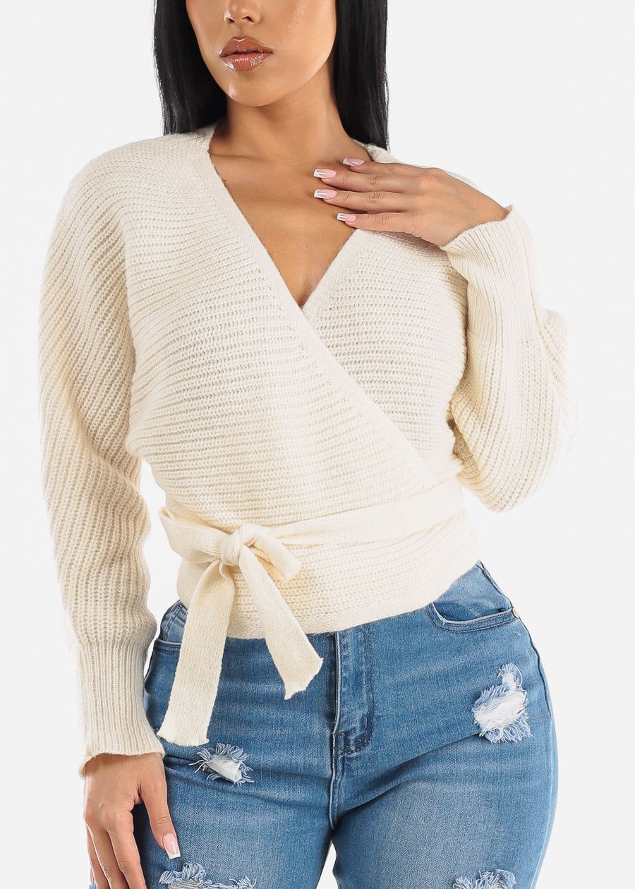 Ivory Long Dolman Sleeve Surplice Knitted Sweater sold by Moda