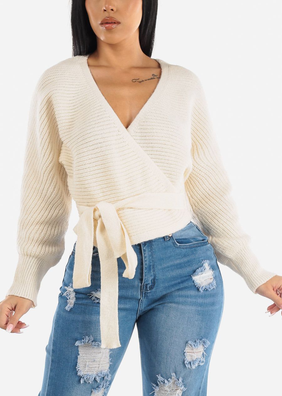 Ivory Long Dolman Sleeve Surplice Knitted Sweater sold by Moda product image thumbnail 5