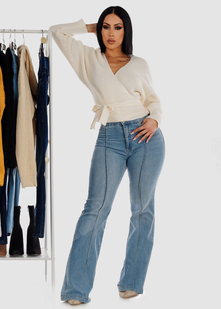 Ivory Long Dolman Sleeve Surplice Knitted Sweater sold by Moda product image thumbnail 2