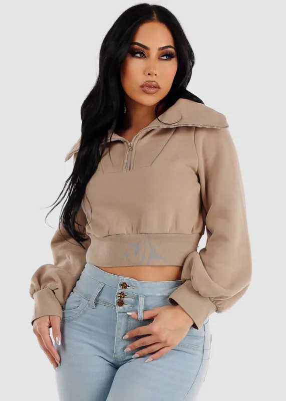 Fleece Half Zip Up Cropped Pullover Tan sold by Moda