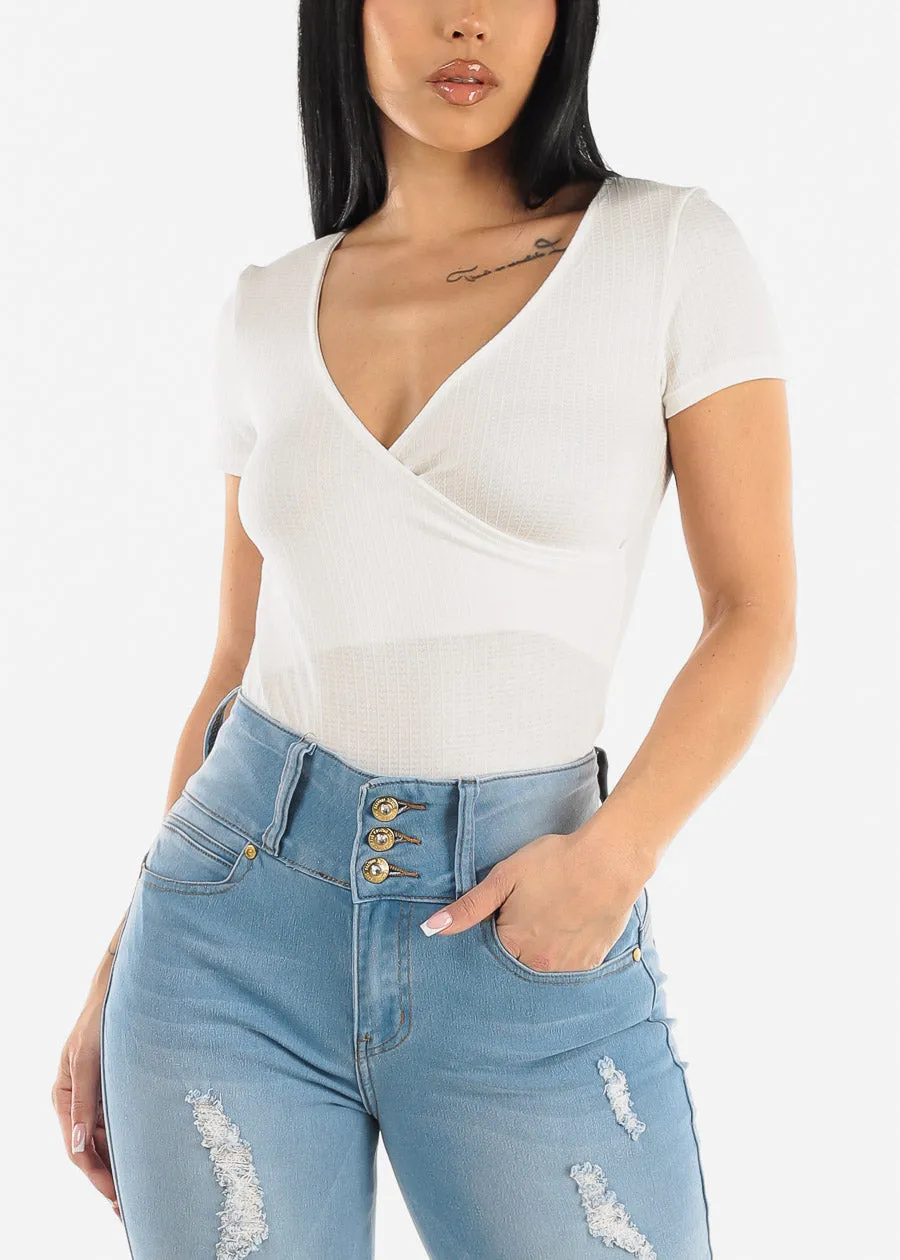 White Short Sleeve Surplice Ribbed Top sold by Moda