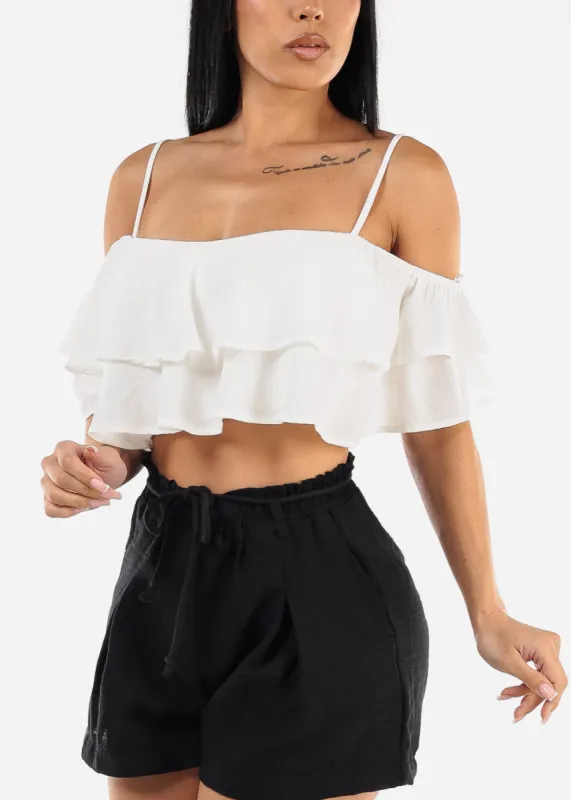 White Ruffled Off Shoulder Crop Top sold by Moda