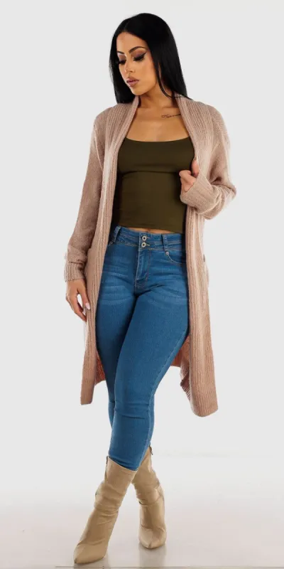 Light Blue Butt Lifting High Waist Skinny Jeans Olive Long Sleeve Top and Long Sleeve Dusty Pink Knitted Maxi Cardigan sold by Moda
