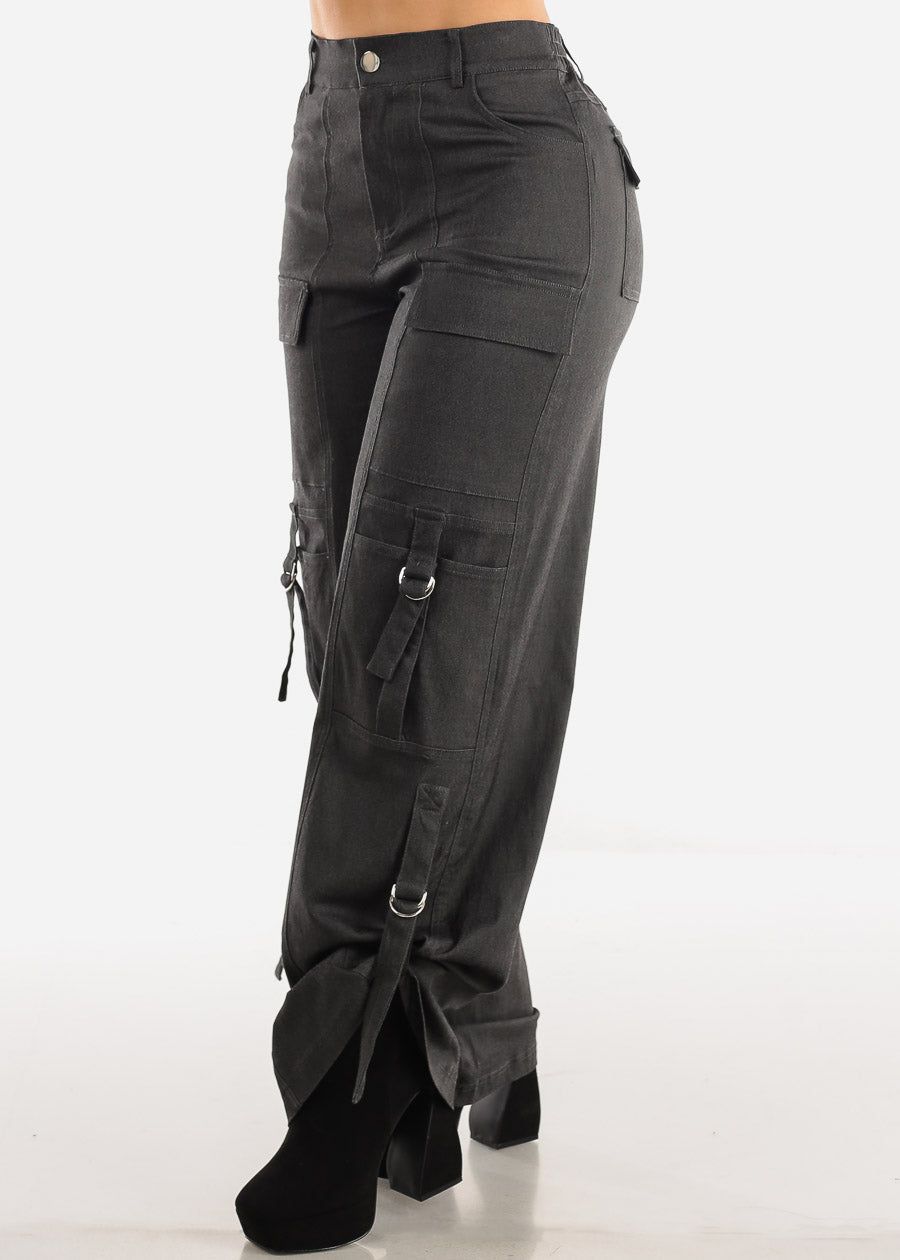 High Waisted Black Straight Wide Leg Cargo Pants sold by Moda product image thumbnail 5