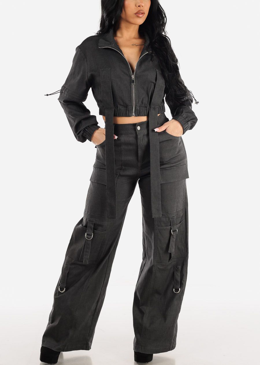High Waisted Black Straight Wide Leg Cargo Pants sold by Moda product image thumbnail 2