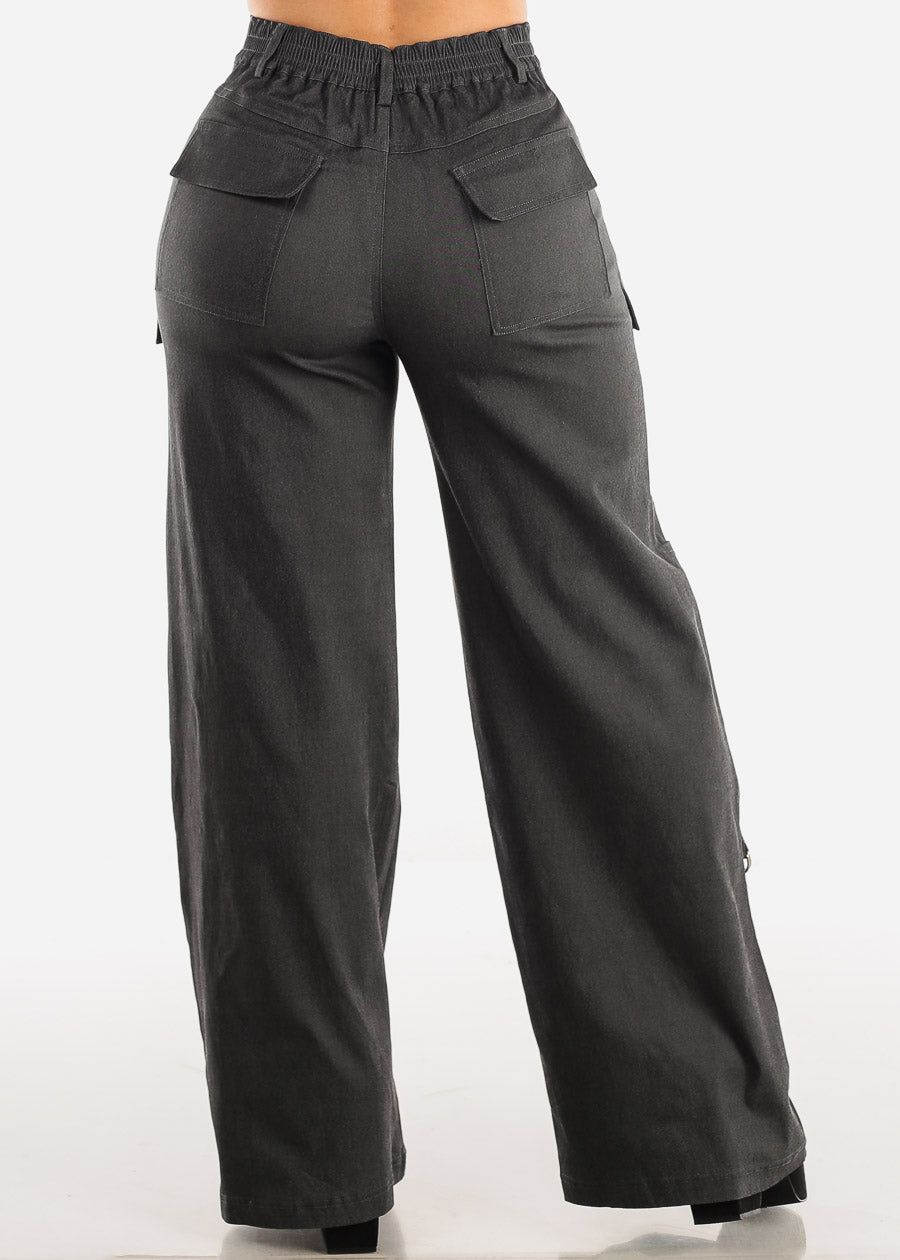 High Waisted Black Straight Wide Leg Cargo Pants sold by Moda product image thumbnail 4