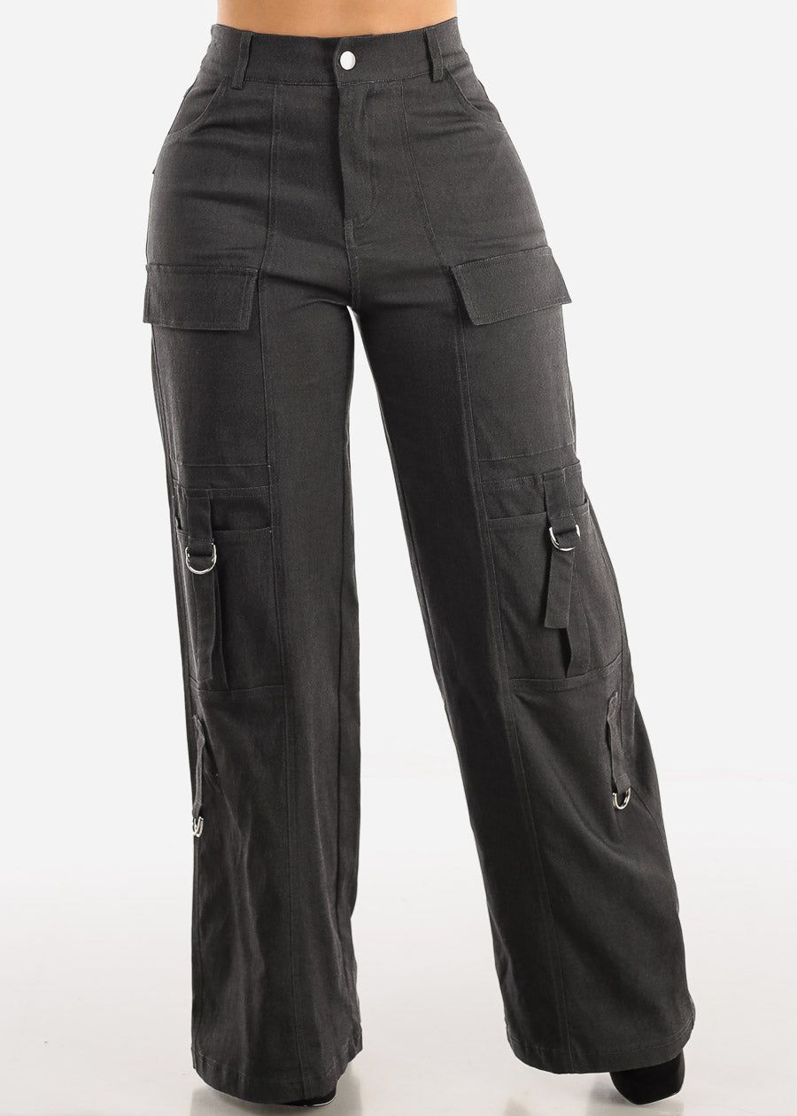 High Waisted Black Straight Wide Leg Cargo Pants sold by Moda