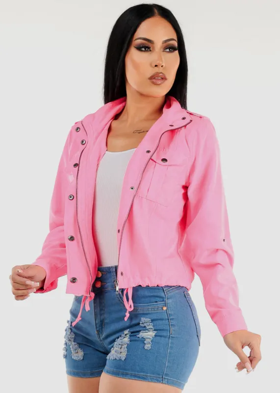 Drawstring Waist Zip Up Jacket Neon Pink sold by Moda