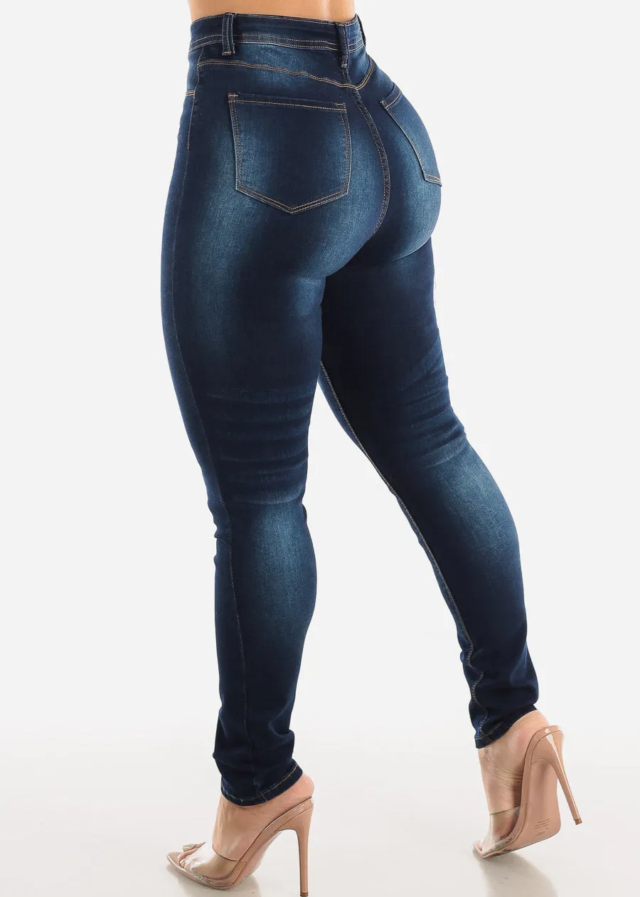 Classic 1 Button Super High Waisted Skinny Jeans Dark Blue sold by Moda