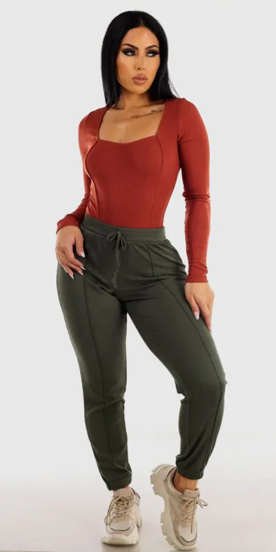 Casual High Waist Olive Jogger Pants with Brick Long Sleeve Ribbed Bodysuit sold by Moda