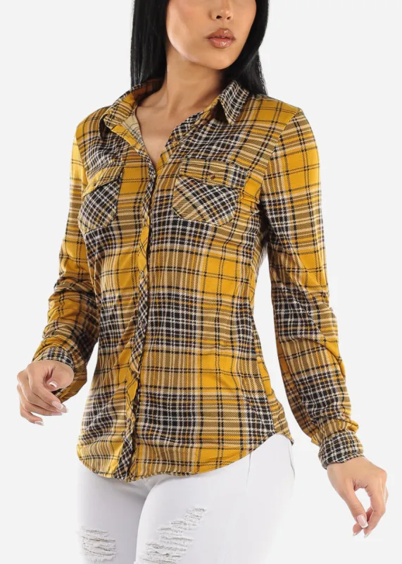 Long Sleeve Button Up Plaid Shirt Mustard & Black sold by Moda