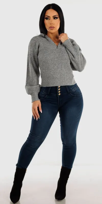 Butt Lifting High Rise Dark Wash Skinny Jeans with Grey Half Zip Up Long Sleeve Mossy Sweater sold by Moda