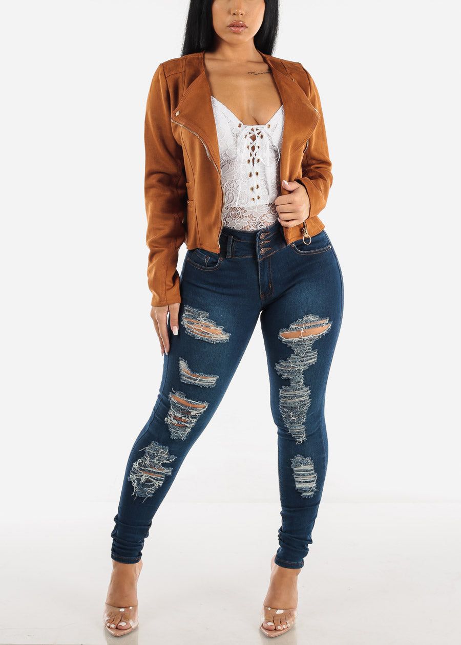 Long Sleeve Suede Moto Jacket Camel sold by Moda product image thumbnail 3