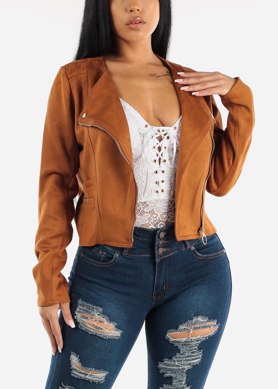 Long Sleeve Suede Moto Jacket Camel sold by Moda product image thumbnail 2
