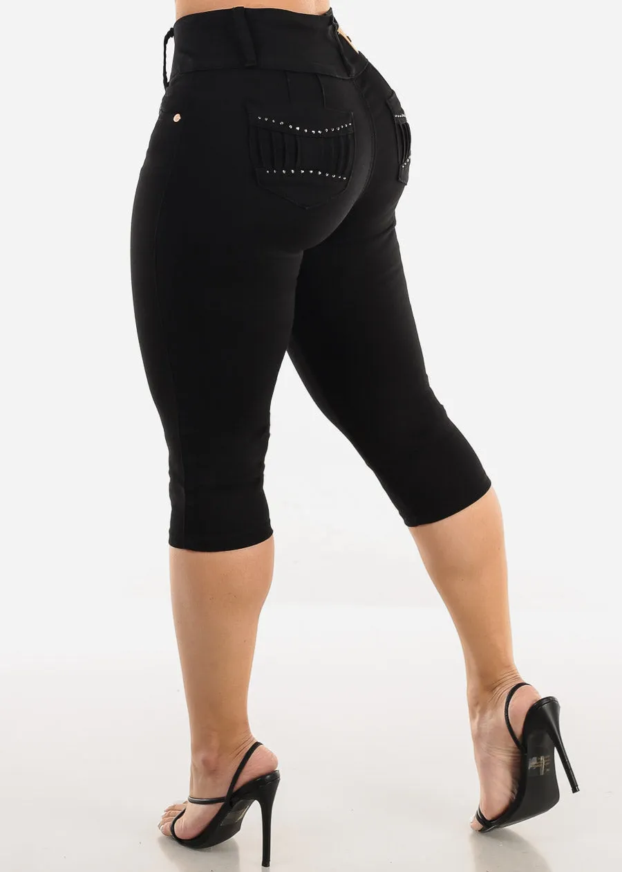 High Waisted Black Butt Lift Denim Capris sold by Moda