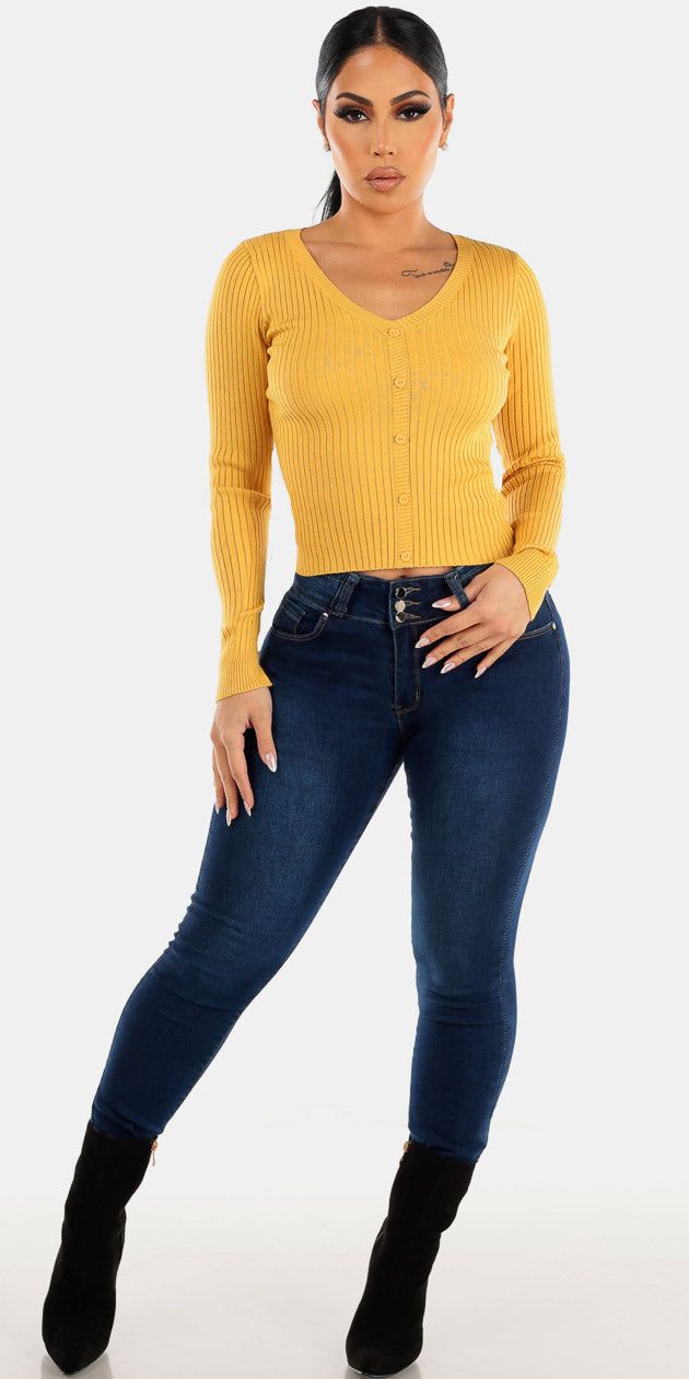 Dark Wash Levantacola Skinny Jeans with Yellow Long Sleeve Vneck Sweater Top sold by Moda