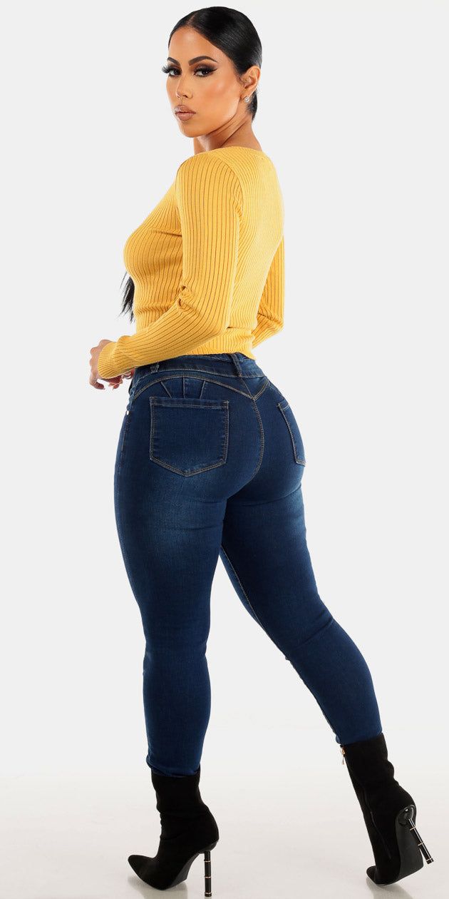 Dark Wash Levantacola Skinny Jeans with Yellow Long Sleeve Vneck Sweater Top sold by Moda product image thumbnail 2