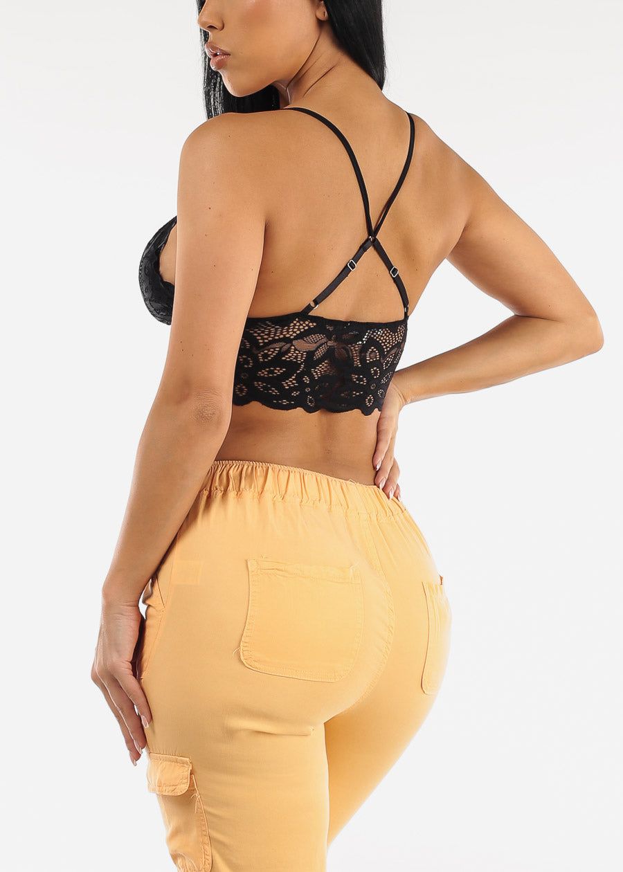 Black Sleeveless Knit Lace Cross Strap Bralette sold by Moda