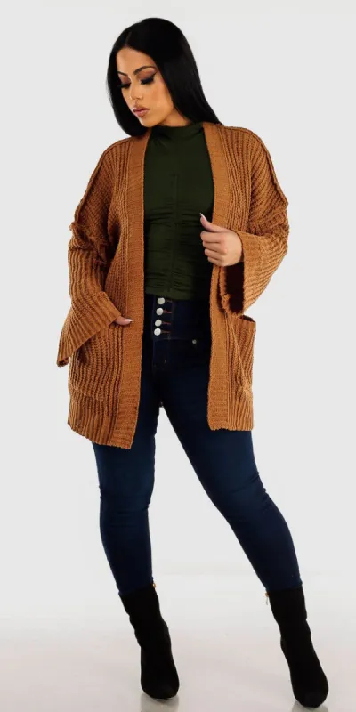 Super High Rise Levantacola Dark Skinny Jeans Green Long Sleeve Ruched Top and Camel Knitted Maxi Cardigan sold by Moda