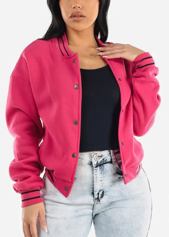 Long Sleeve Varsity Fleece Bomber Jacket Fuchsia sold by Moda