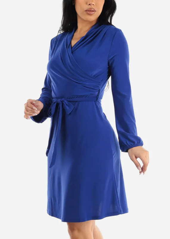 Long Sleeve Surplice Overlap Dress Royal Blue w Belt sold by Moda