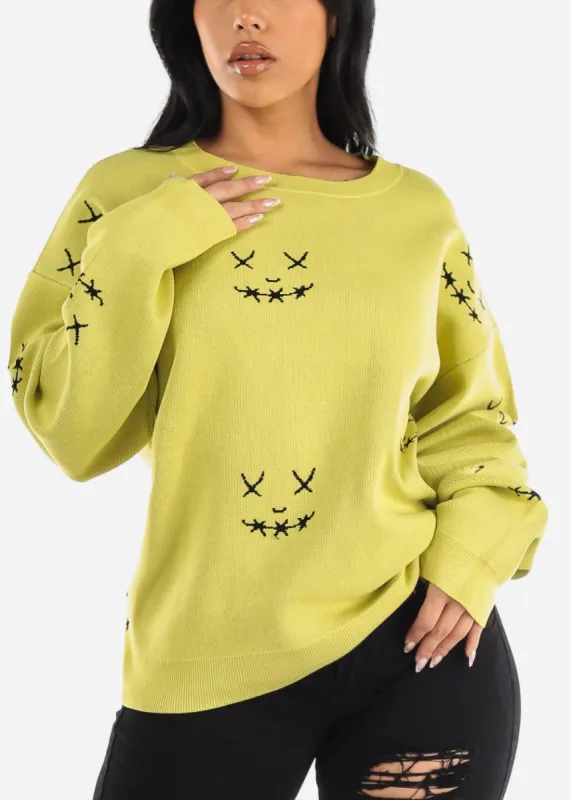 Long Sleeve Graphic Printed Oversized Sweater Lime Green sold by Moda