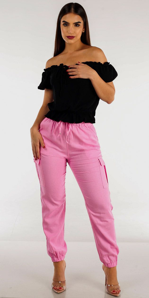 Pink High Waist Linen Cargo Joggers with Black Off Shoulder Top sold by Moda