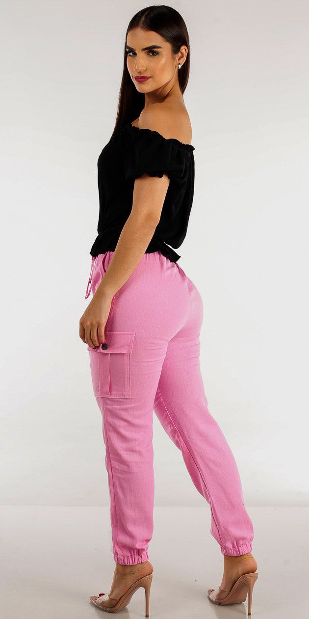 Pink High Waist Linen Cargo Joggers with Black Off Shoulder Top sold by Moda product image thumbnail 2