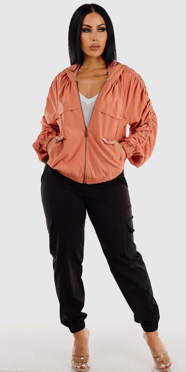 Thick Waist Black Cargo Joggers Short Sleeve White Bodysuit and Rust Ruched Zip Up Jacket sold by Moda product image thumbnail 3