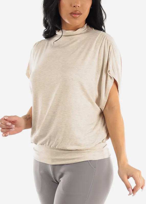 High Neck Draped Short Sleeve Top Oatmeal sold by Moda