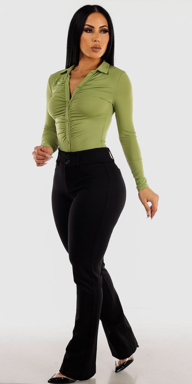 Black High Rise Bootcut Dress Pants with Ruched Button Up Light Green Collared Bodysuit sold by Moda