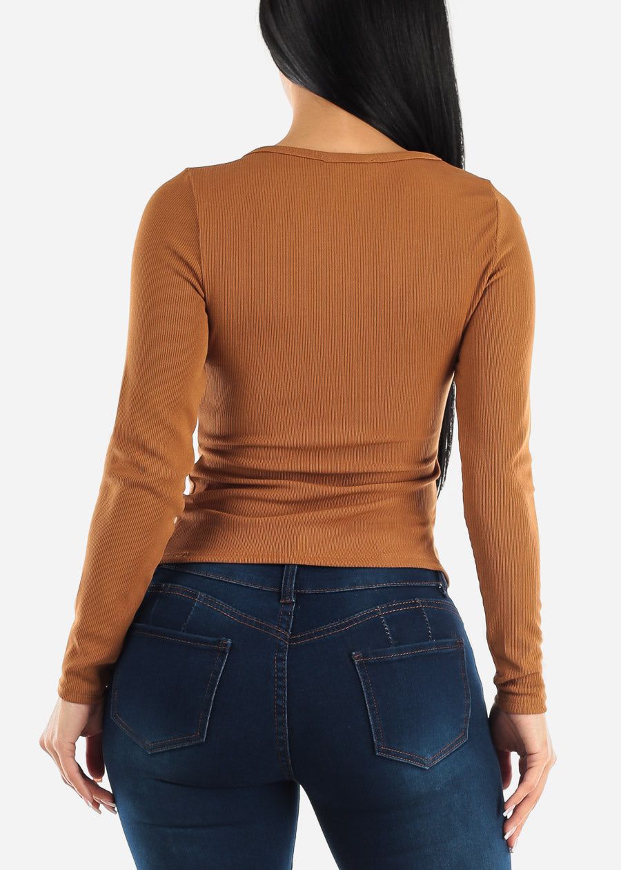 Basic V-neck Long Sleeve Fitted Top Light Brown sold by Moda product image thumbnail 4