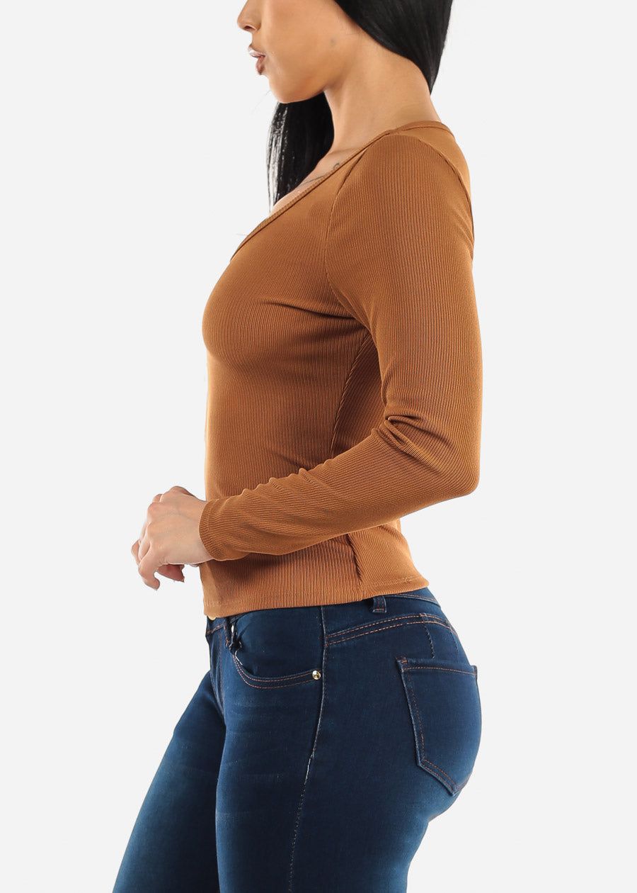 Basic V-neck Long Sleeve Fitted Top Light Brown sold by Moda product image thumbnail 3