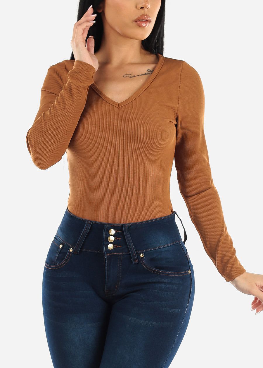 Basic V-neck Long Sleeve Fitted Top Light Brown sold by Moda