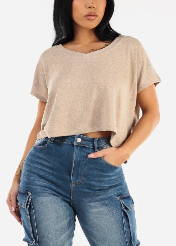 Short Sleeve Vneck Ultra Soft Crop Top Ash Brown sold by Moda