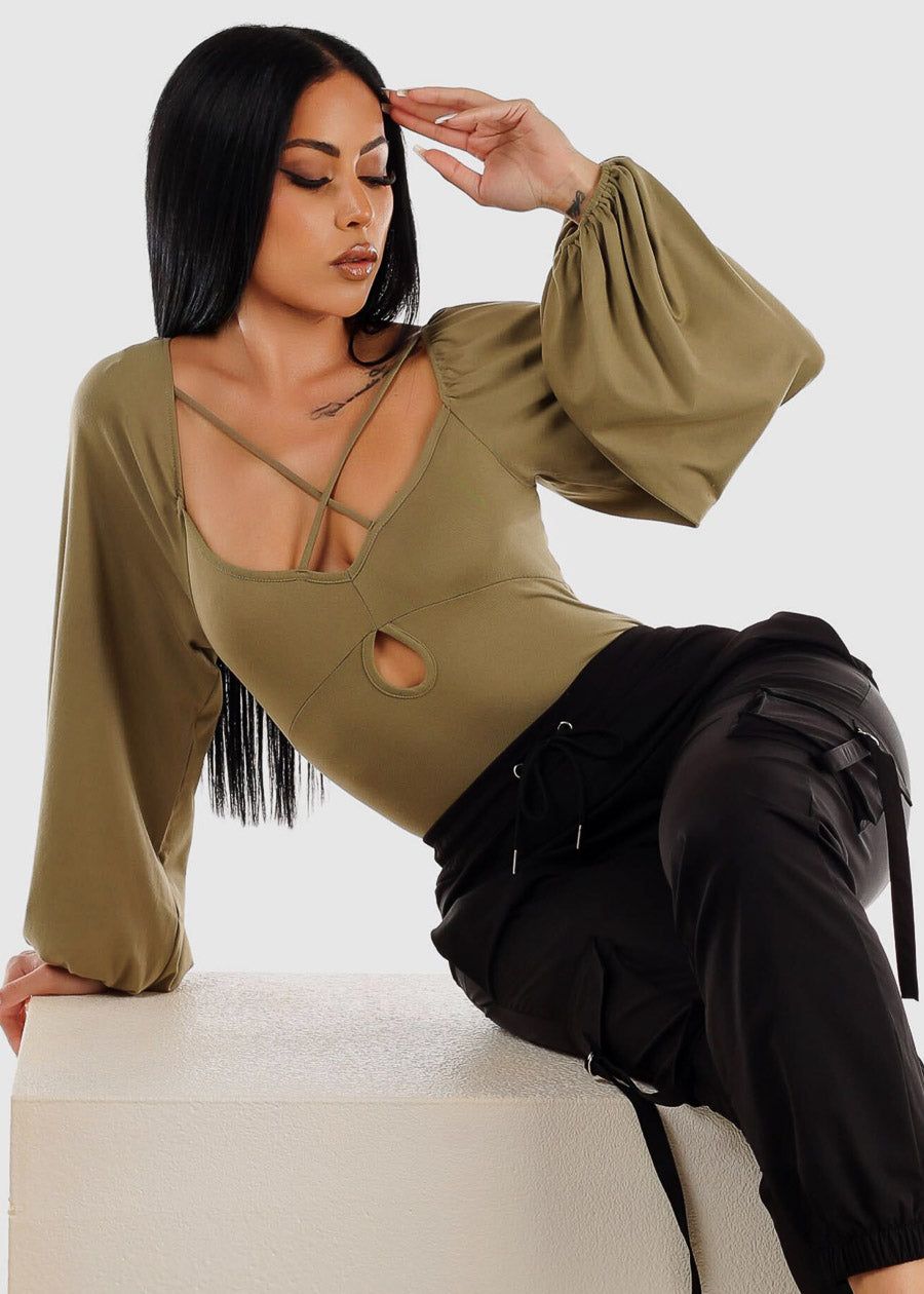 Long Sleeve Strappy Neckline Bodysuit Light Olive sold by Moda product image thumbnail 2