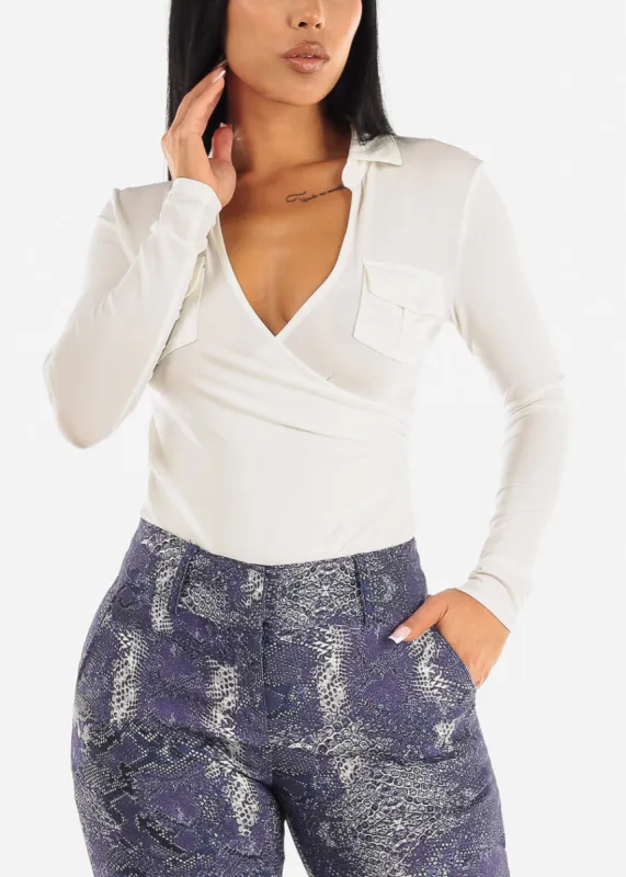 Long Sleeve Surplice Off White Collared Blouse made by Moda