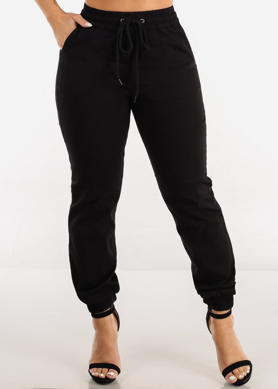 Black Drawstring Waist Twill Jogger Pants sold by Moda